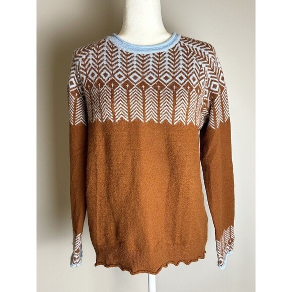 Fine Knit Geometric Pattern Rolled Neck Sweater Orange/Blue Cozy Cabin Vacation - Picture 1 of 6